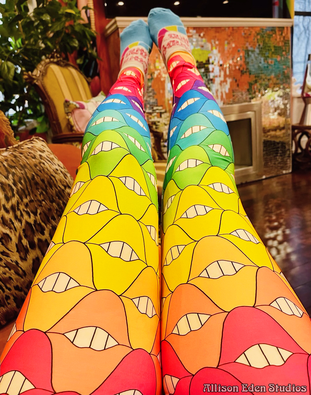 Allison Eden Studios SMILE Lips rainbow leggings clothing