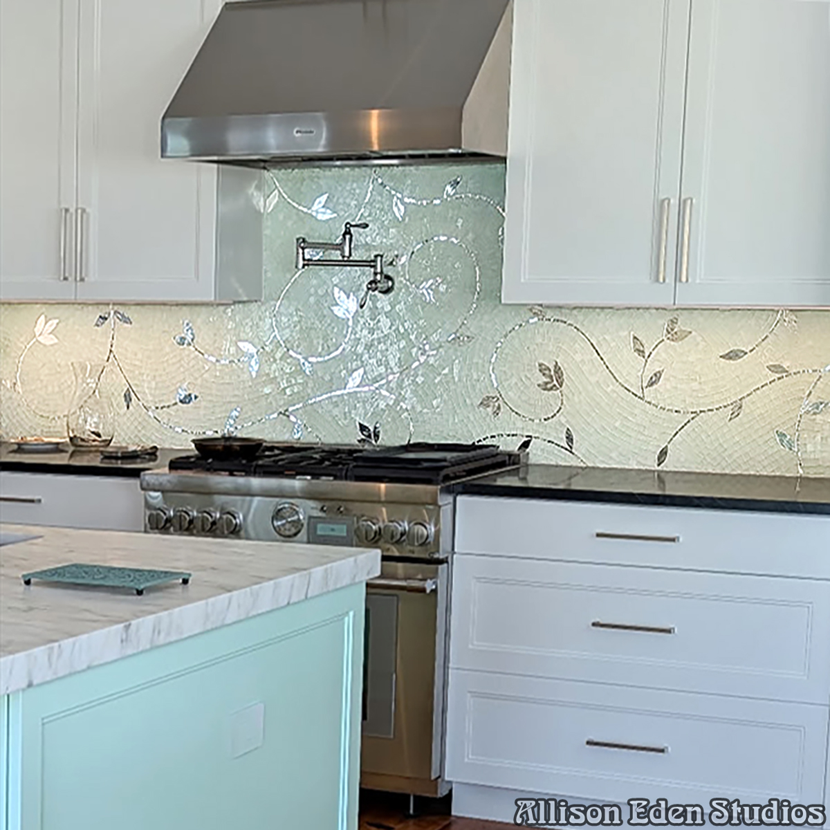 a stained glass mosaic tile vines and leaves pattern kitchen backsplash hand crafted by Allison Eden Studios