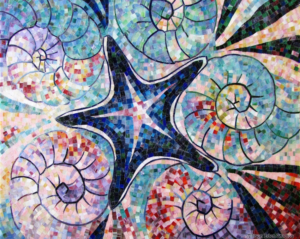 Hand-cut stained glass mosaic tile pattern by Allison Eden Studios