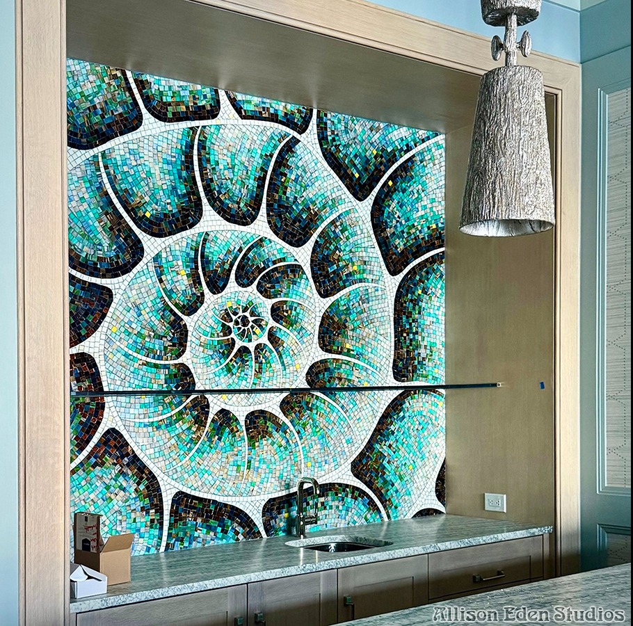 Luxury coastal mosaic tile backsplash with aqua and pearl glass