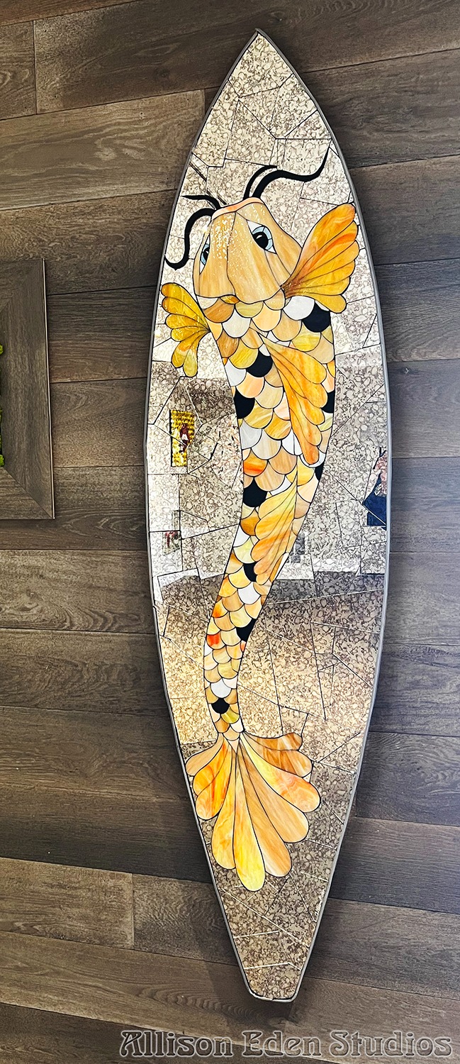 Surfboard fish mosaic art by Allison Eden Studios