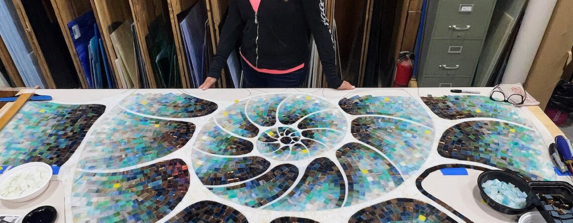 Allison Eden Studios handmade nautilus shell coastal mosaic tile artwork
