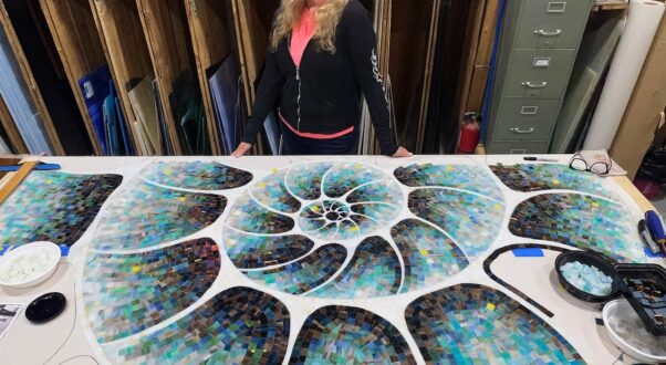 Allison Eden Studios handmade nautilus shell coastal mosaic tile artwork