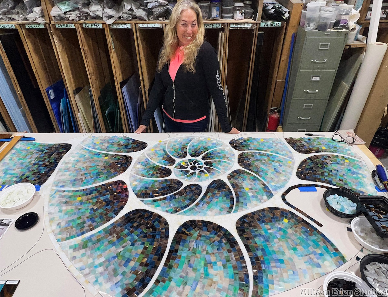 Allison Eden Studios handmade nautilus shell coastal mosaic tile artwork