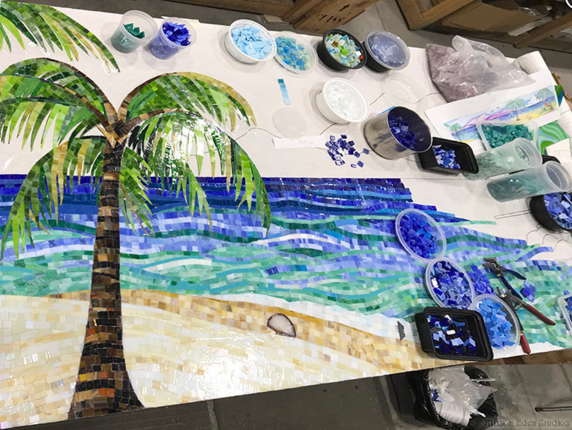 Beach house palm tree coastal mosaic installation