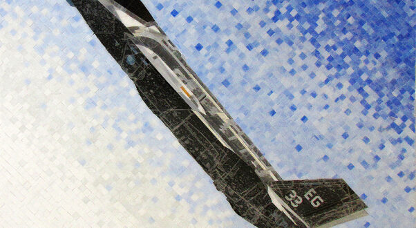 Completed F-35 Lightning II stained glass mosaic by Allison Eden Studios installed at Eglin Air Force Base featuring a realistic military aircraft in flight.
