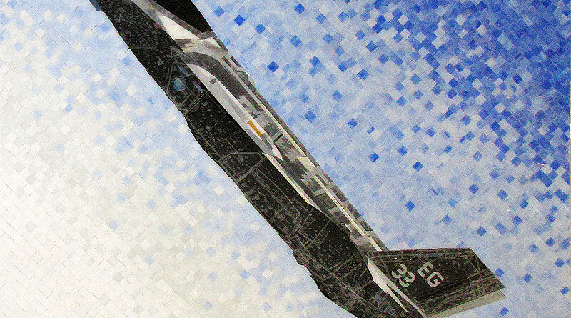 Completed F-35 Lightning II stained glass mosaic by Allison Eden Studios installed at Eglin Air Force Base featuring a realistic military aircraft in flight.