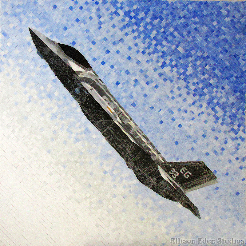 Completed F-35 Lightning II stained glass mosaic by Allison Eden Studios installed at Eglin Air Force Base featuring a realistic military aircraft in flight.