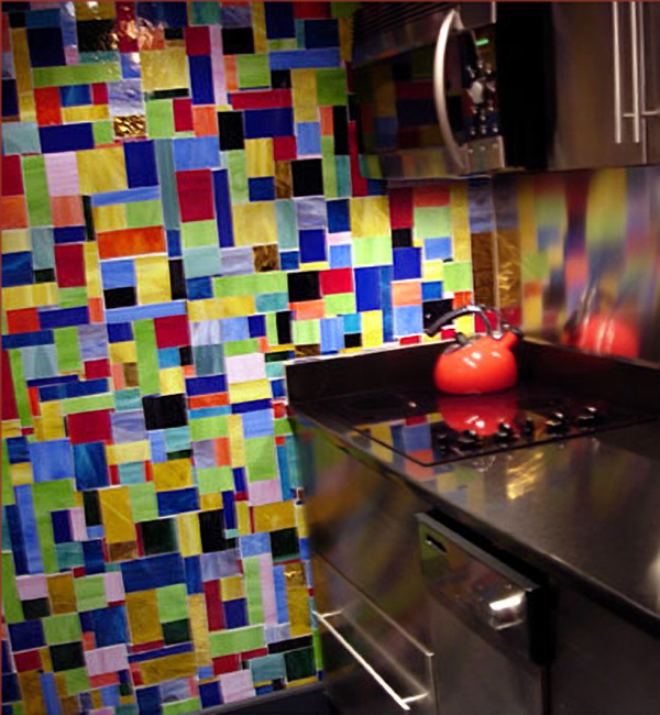 funky block art backsplash