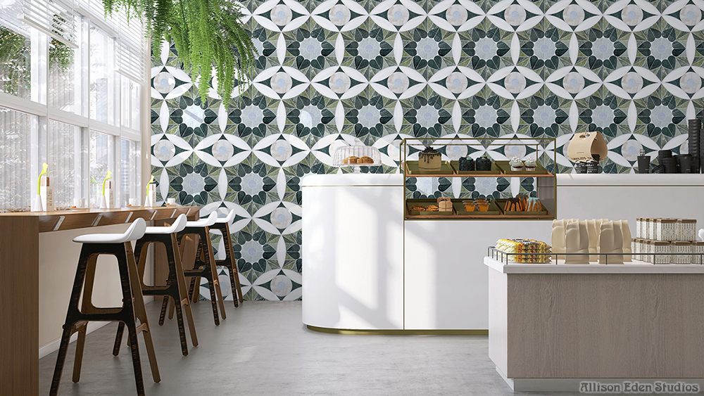 Green Moroccan Love stone mosaic feature wall by Allison Eden Studios in a contemporary café interior.