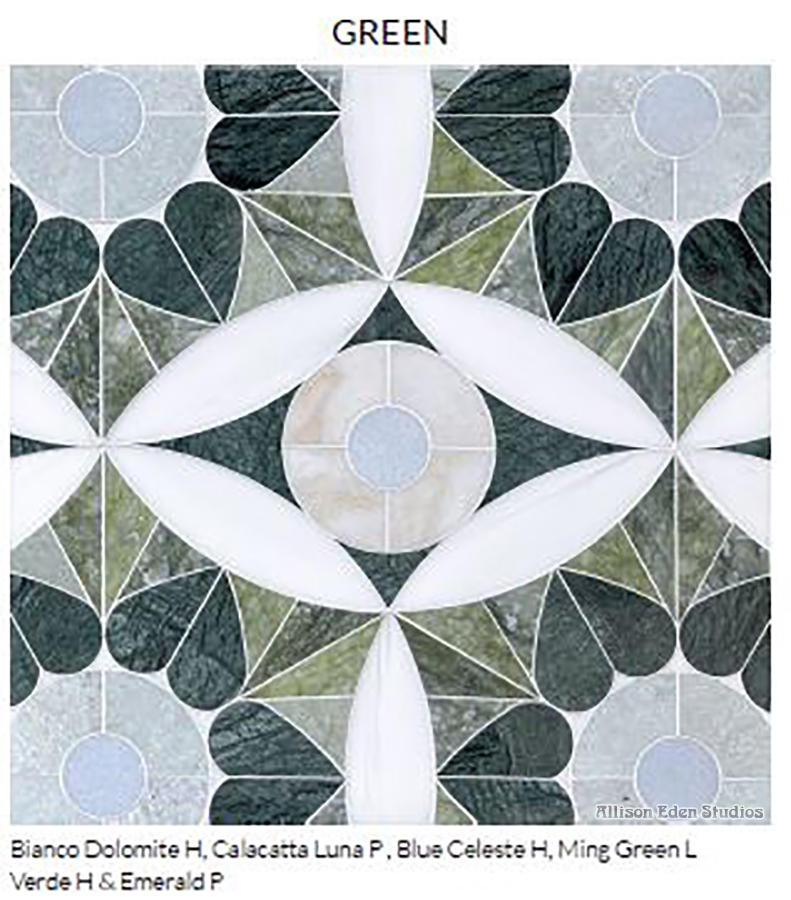 Allison Eden Studios Moroccan Love green stone mosaic pattern with white, sage and emerald natural stone.