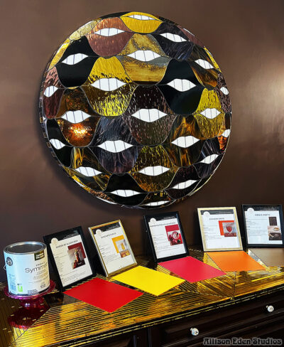 SMILE Fun Ball stained glass and mirror mosaic artwork by Allison Eden Studios featuring gold, chocolate, lavender, and amber glass inspired by Sherwin-Williams color palettes.