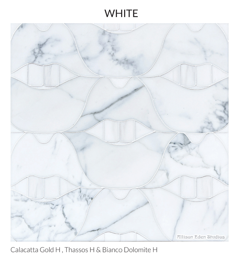 Allison Eden Studios SMILE Lips white marble mosaic tile in Calacatta Gold, Thassos and Bianco Dolomite