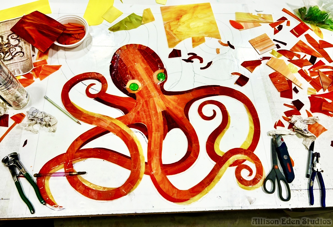 1b Orange Octopus Glass Mosaic In Progress wm