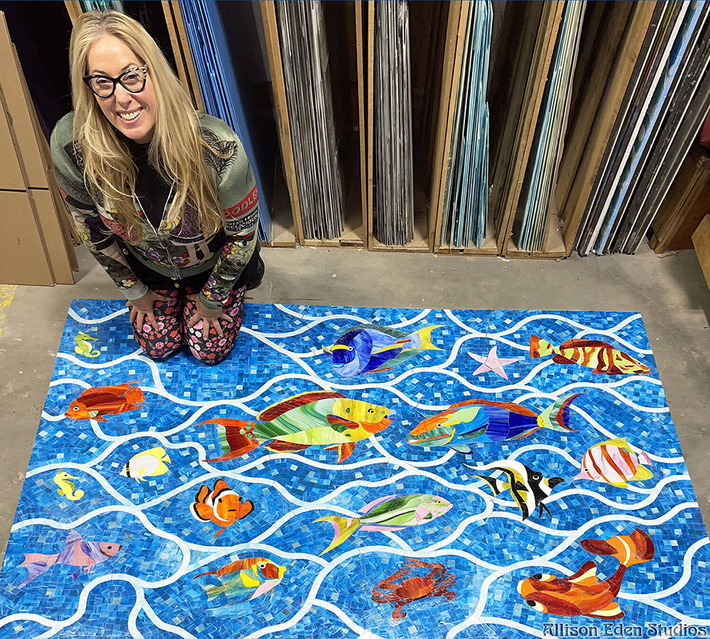 20 Allison creating aquatic scene mosaic mural