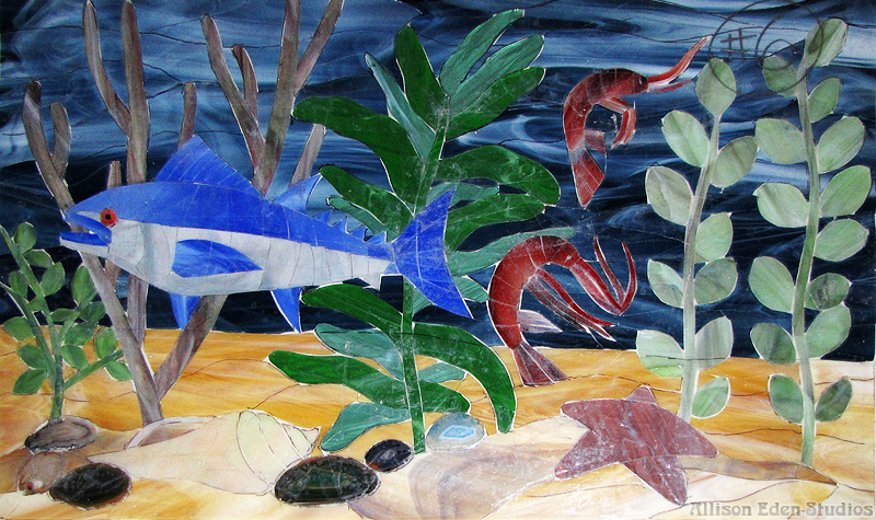 23b Allison Eden 24 X 36 Tuna Shrimp mosaic in progress wm