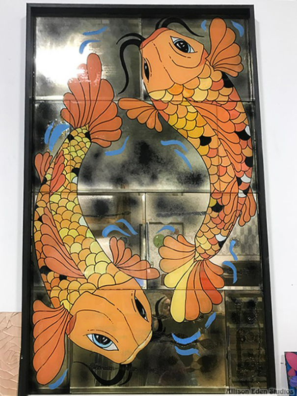 48 Allison Eden Studios hand painted koi on beveled antique mirror 3 X 5 wm