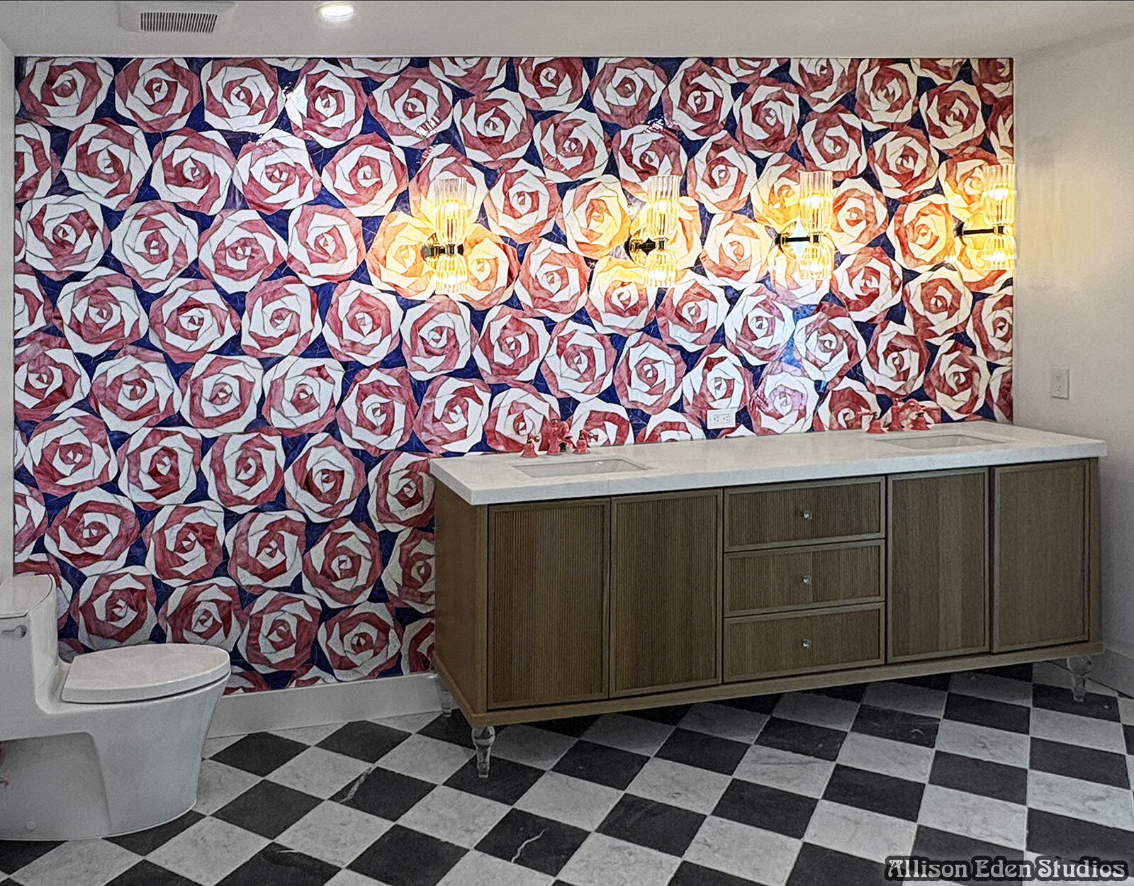 Allison Eden Studios Interlocking Roses bathroom pink blue wm