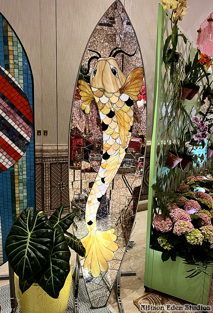 Mosaic Koi Fish Surfboard at Colony Hotel for Holiday House event designed by Allison Eden Studios.
