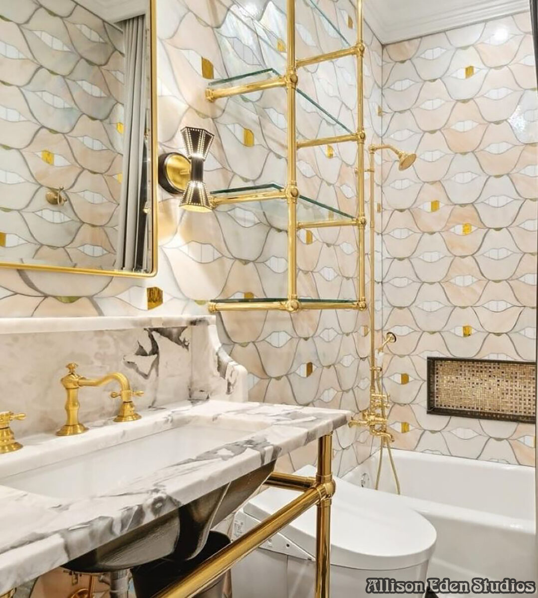 Allison Eden Studios SMILE Lips Gold Tooth Glass Mosaic Bath New Orleans