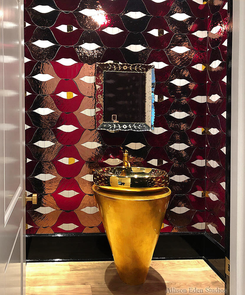 Allison Eden Studios SMILE lips glass red mirror mosaic tile powder room