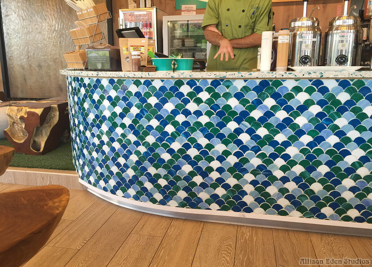 Allison Eden Studios bar front mosaic tile scallops wm