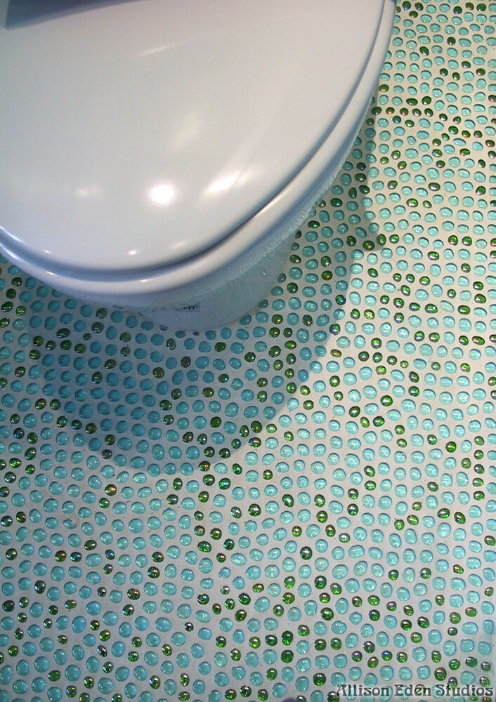 Allison Eden Studios blue green glass mosaics bathroom floor wm