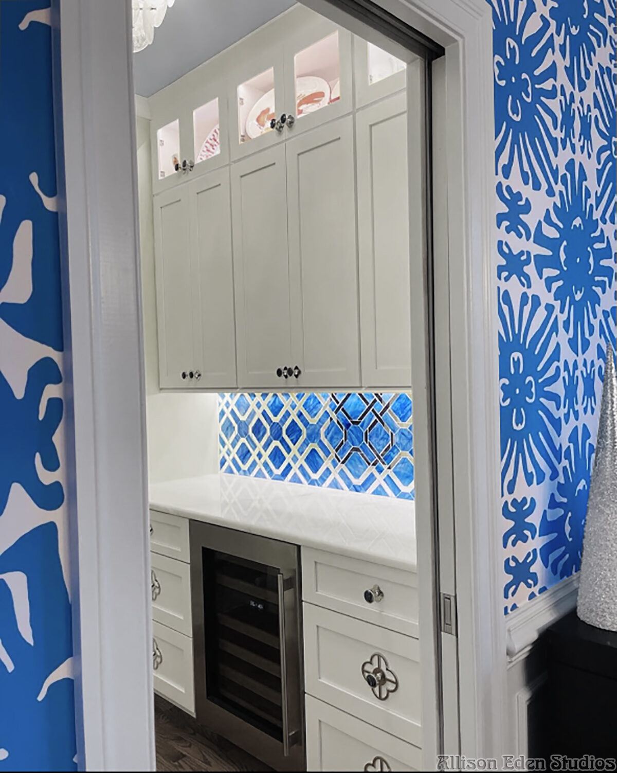 Allison Eden Studios blue parquet backsplash wm