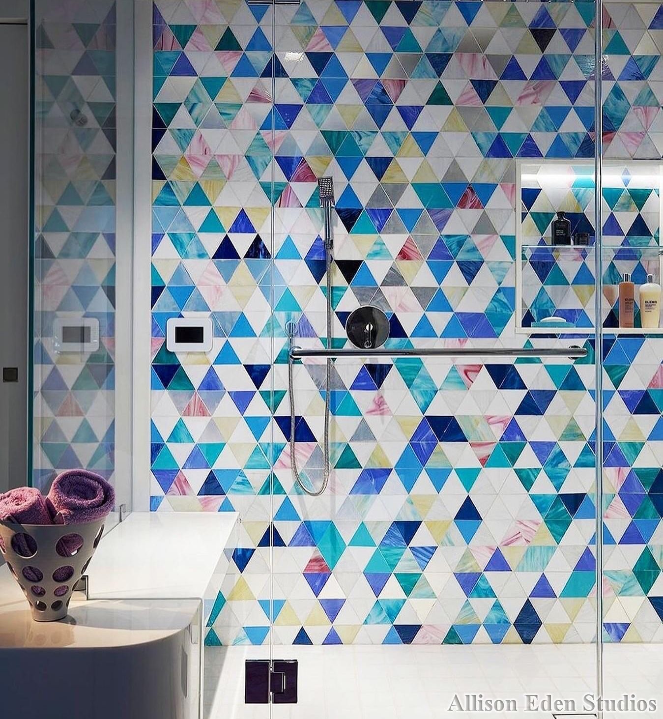 Allison Eden Studios blue yellow pink mosaic Triangles Bath wm