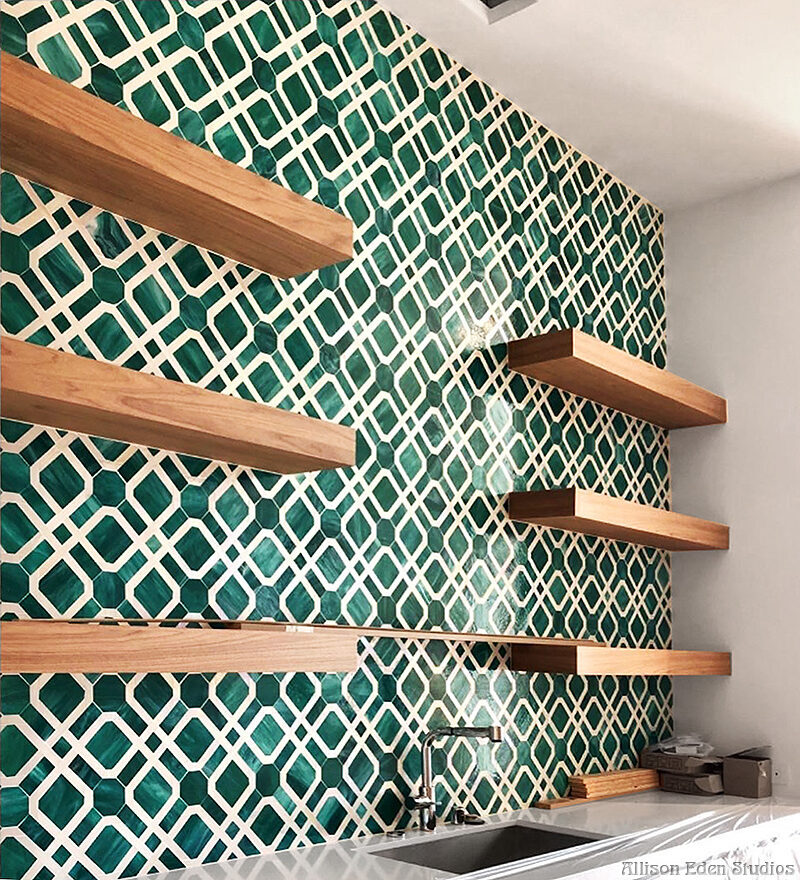 Allison Eden Studios green Parquet kitchen backsplash wmb