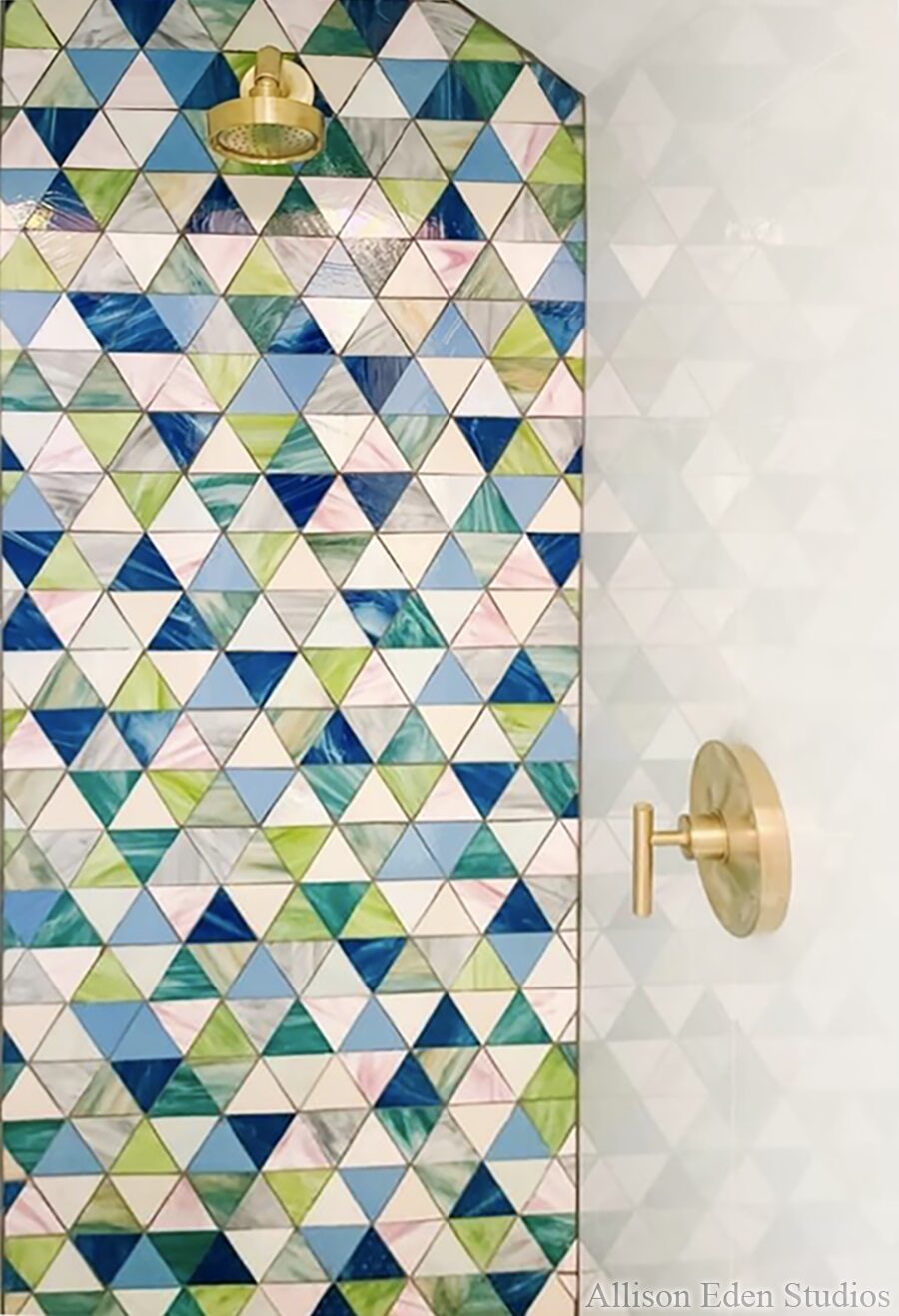 Allison Eden Studios green blue pink mosaic triangles shower wm
