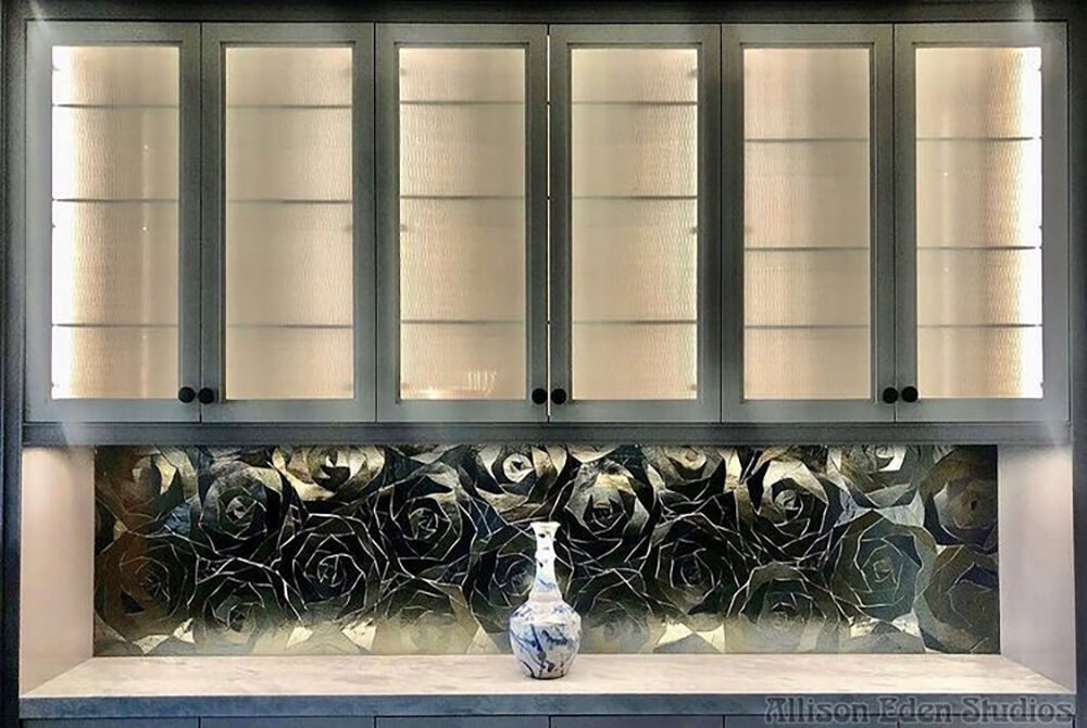 Allison Eden Studios gunmetal interlocking roses stained glass mosaic bar backsplash tile