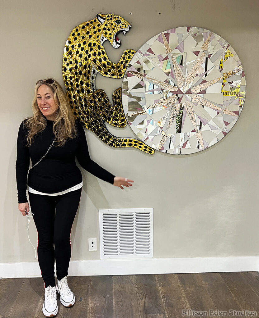 Gold Leopard Hugging Pink Diamond stained glass and mirror mosaic artwork with Allison Eden