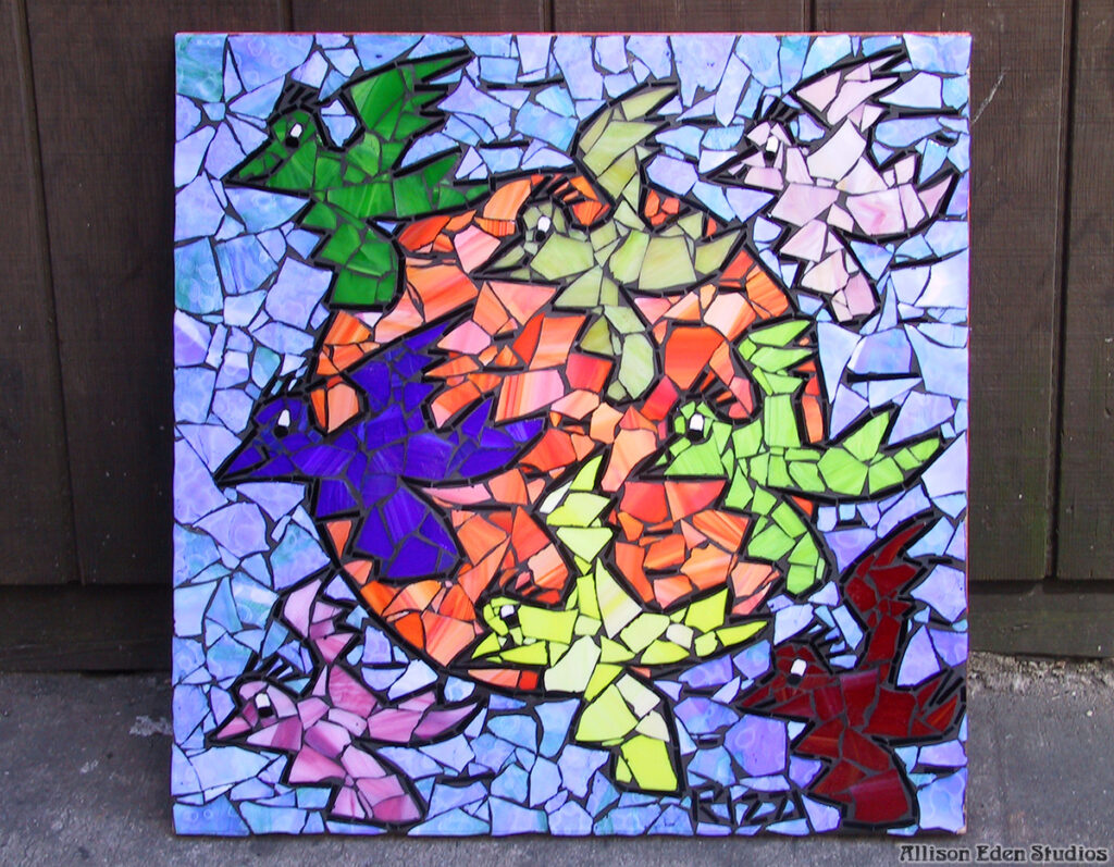 Allison Eden Collaborative Artwork with James Rizzi Flying Birds mosaic artwork