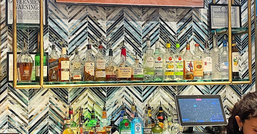 Allison Eden Margaritaville Bar NYC glass mosaic chevron tile pattern wm
