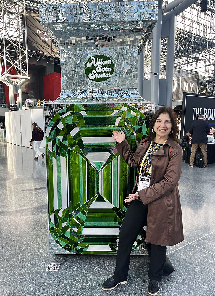 Allison Eden giant mosaic gem Perfume Bottle at Javits Center with Ellen Talley Lotzky