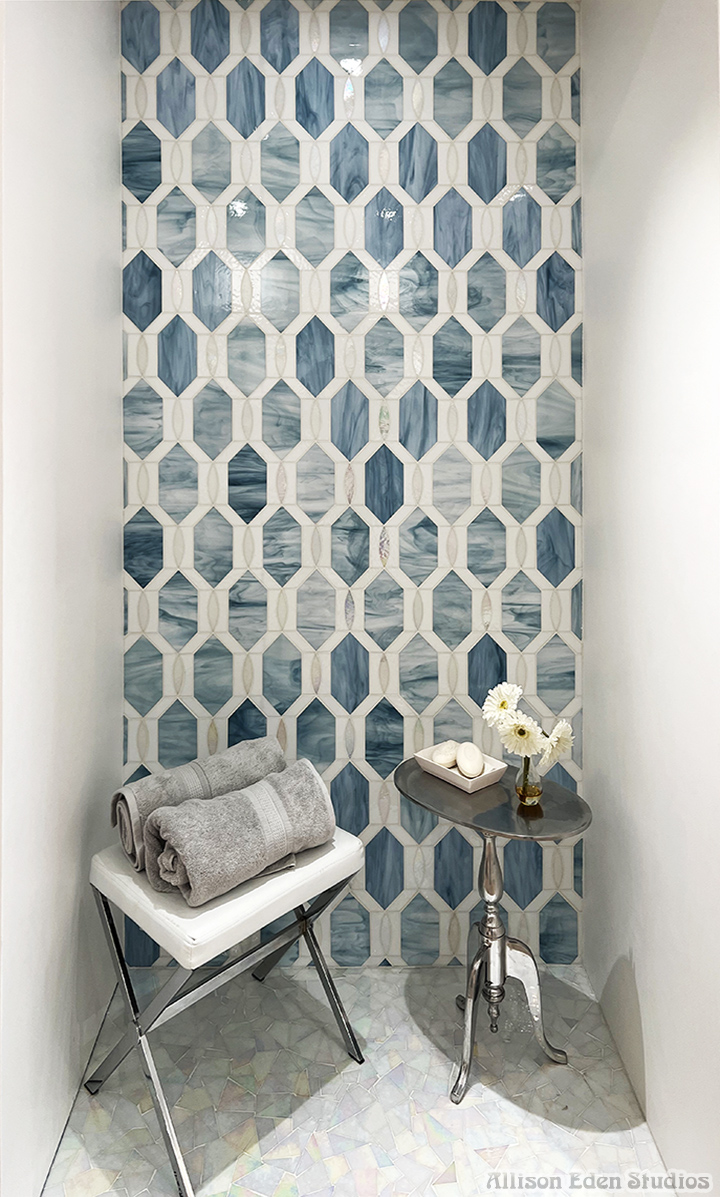 Custom blue and white stained glass Cameo mosaic tile bathroom by Allison Eden Studios featuring a matching iridescent white glass mosaic floor for a luxury home renovation.