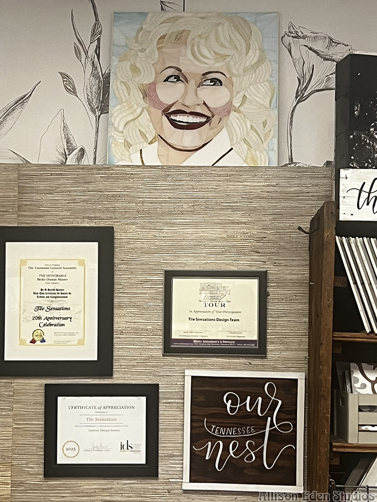 Allison Eden Studios Dolly Parton mosaic mural at Tile Sensations