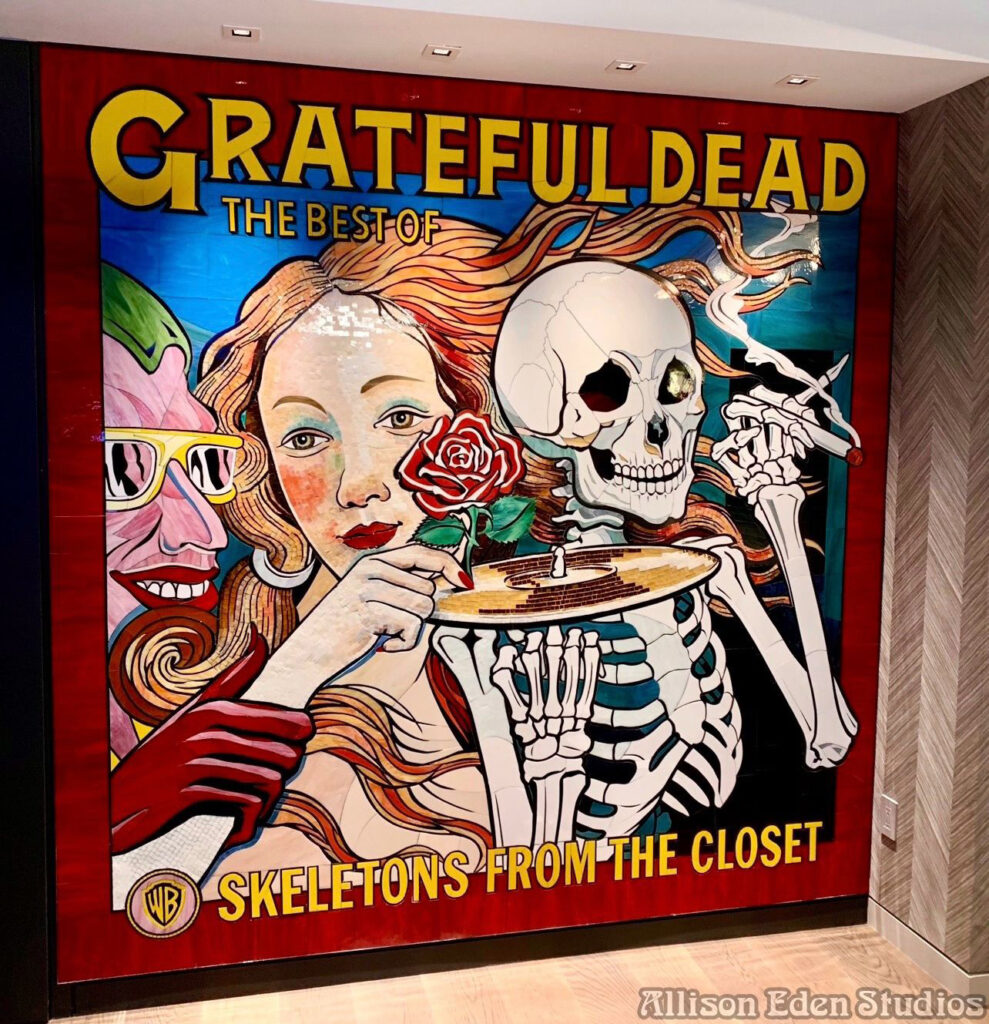 Custom Grateful Dead stained glass mosaic artwork inspired by Skeletons from the Closet, handcrafted by Allison Eden Studios and installed as a large-scale luxury wall mural installed