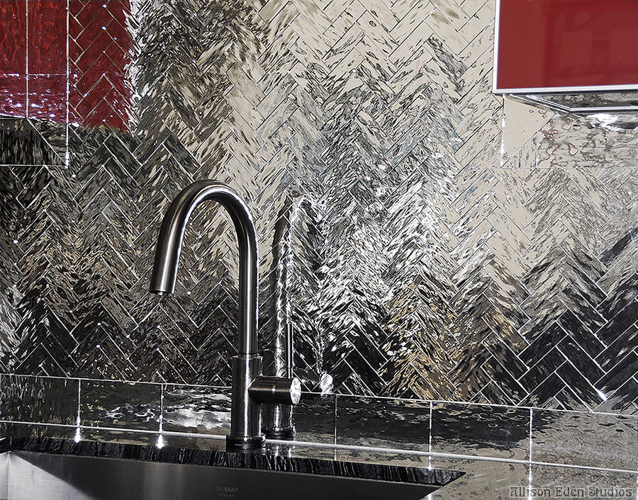 Allison Eden Studios Jenner Kardashian ripple mirror herringbone kitchen backsplash wm