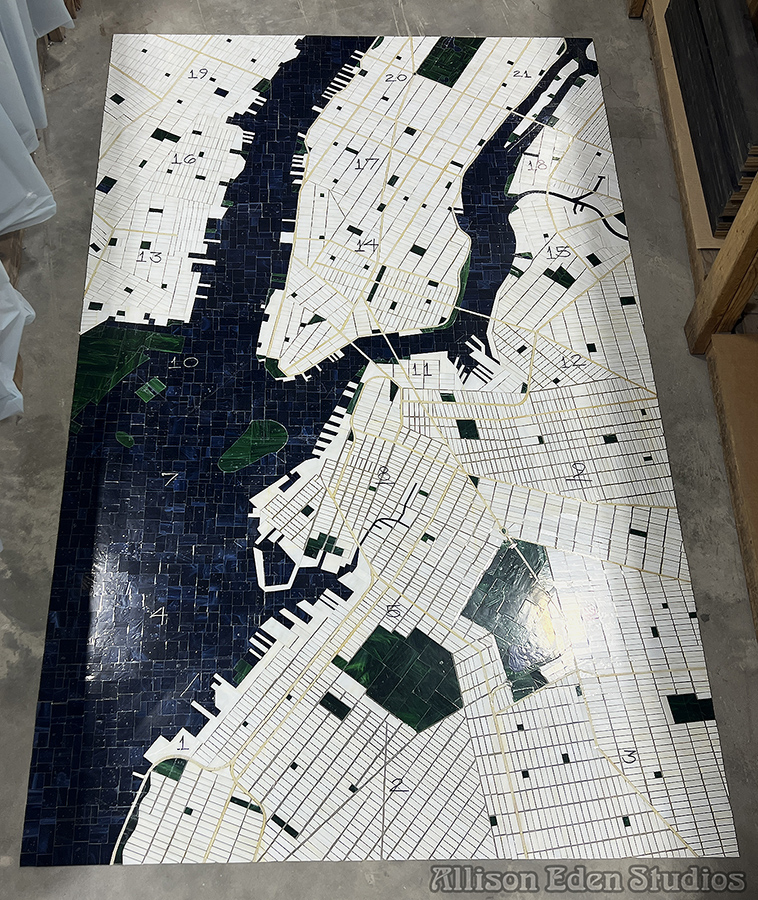 Map of New York City in Mosaic Tile showing work in progress in Bushwick glass art studio.