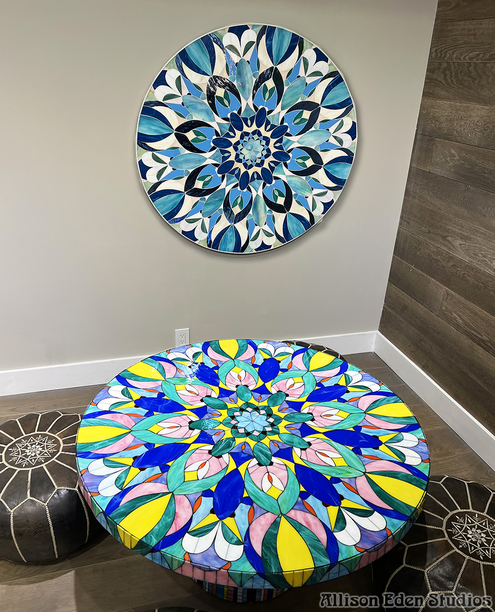 Allison Eden Studios Mosaic Art Wall Hanging and stained glass mosaic coffee Tabletop at ASD Surfaces wm