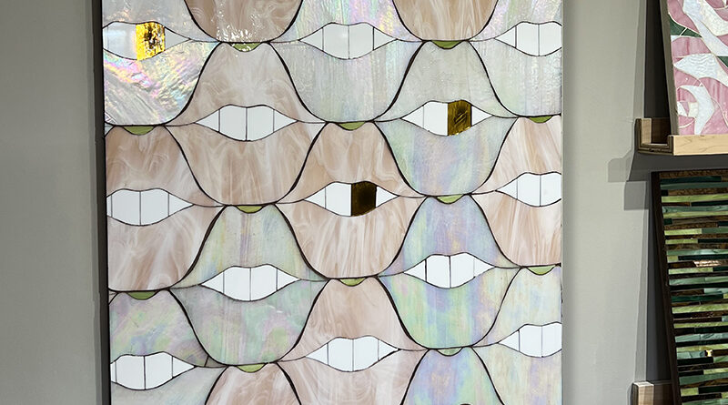 SMILE Lips stained glass and mirror mosaic artwork by Allison Eden Studios featuring blush glass, iridescent white glass, and a signature gold tooth for luxury contemporary art collectors.