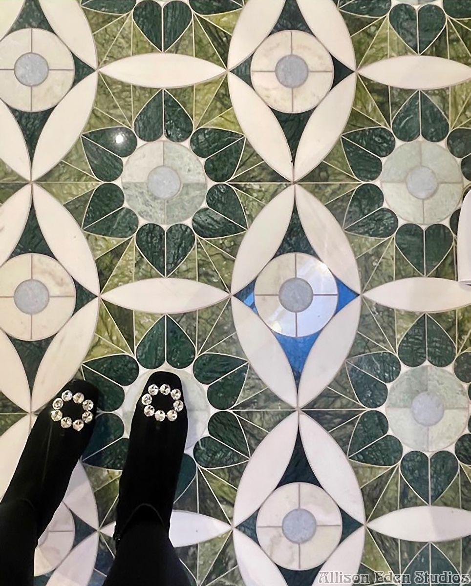 Moroccan Heart green natural stone mosaic floor by Allison Eden Studios featuring geometric heart motifs.