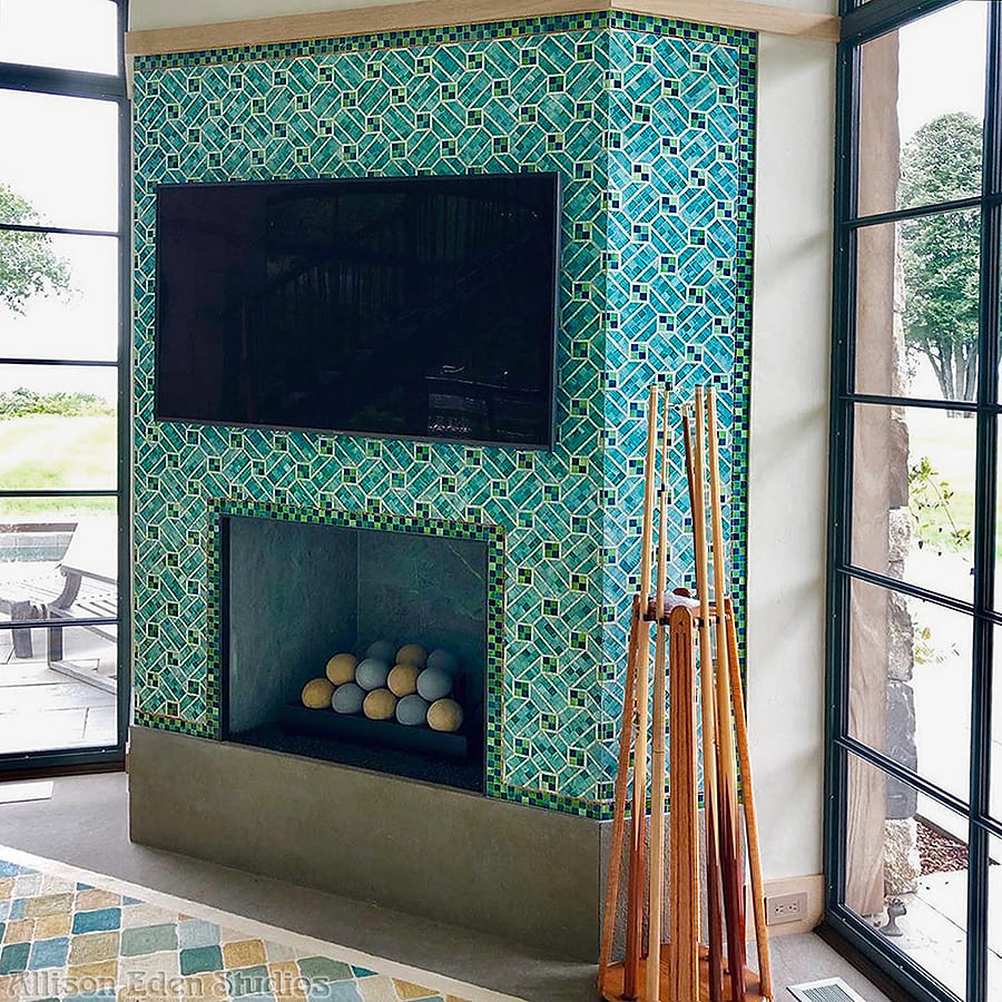 Allison Eden Studios fireplace surround Tiffany Glass Studio Inspiration