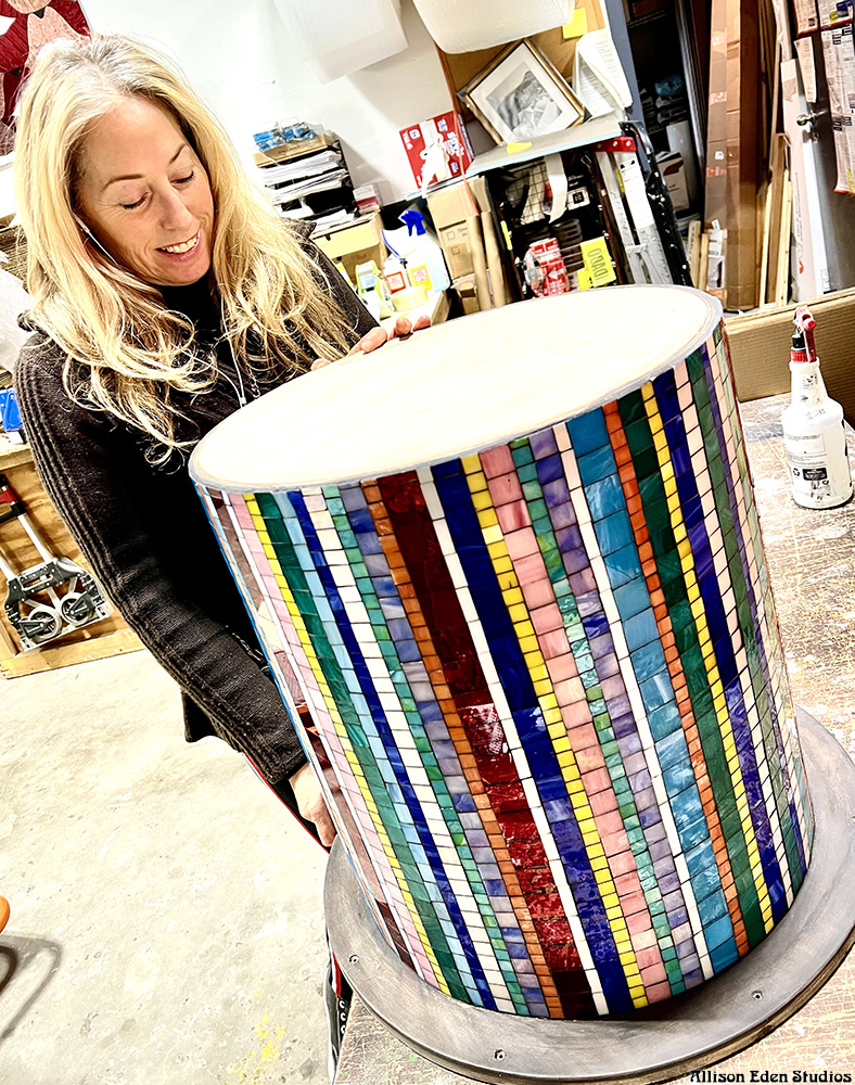 Allison Eden making stained glass mosaic coffee Kaleidoscope Table Base