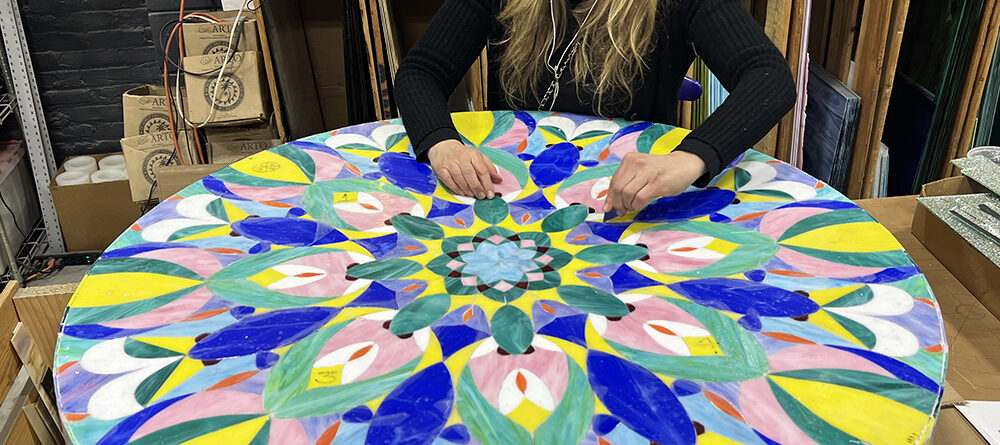 Allison Eden making Kaleidoscope Stained Glass Mosaic Table Top