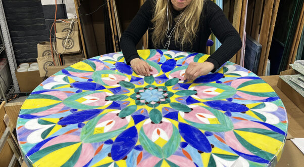 Allison Eden making Kaleidoscope Stained Glass Mosaic Table Top