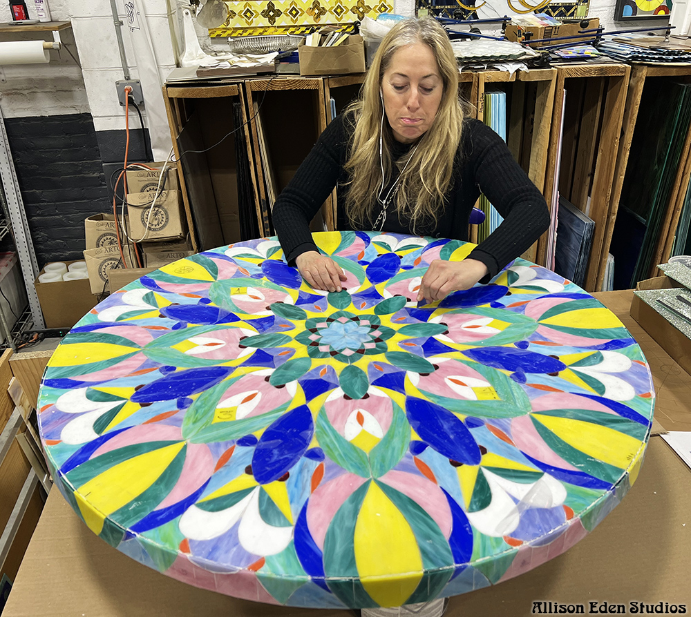 Allison Eden making Kaleidoscope Stained Glass Mosaic Table Top