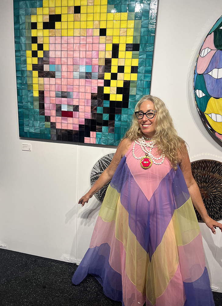 Allison Eden with Marilyn Monroe stained glass mosaic at Hamptons Fine Art Fair